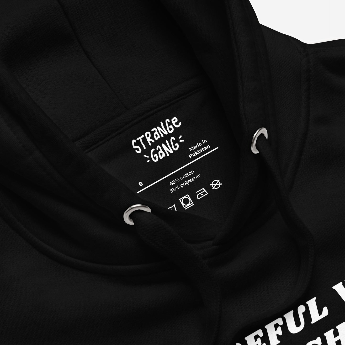 Close-up of the Be Careful Hoodie showing the inside collar with brand name, Made in Pakistan label, and care symbols. Black hood features matching drawcords and metal eyelets, hinting at bold messaging.