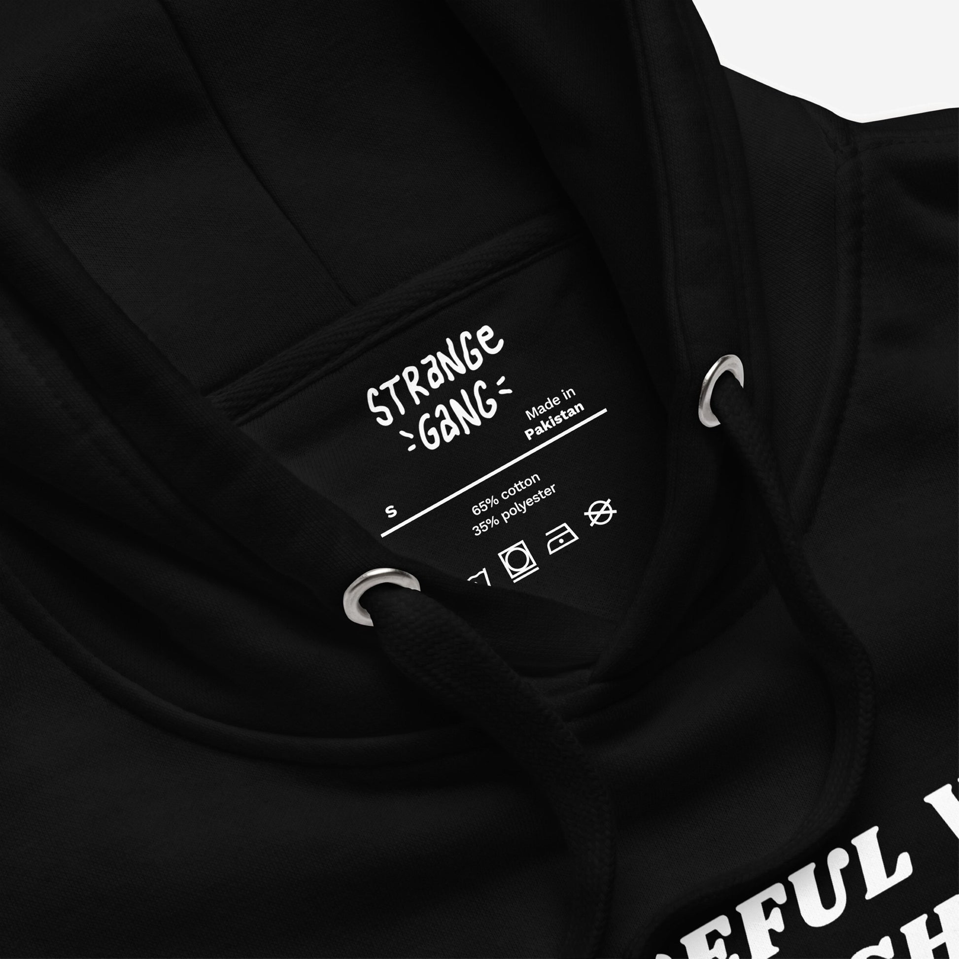 Close-up of the Be Careful Hoodie showing the inside collar with brand name, Made in Pakistan label, and care symbols. Black hood features matching drawcords and metal eyelets, hinting at bold messaging.