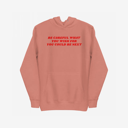 Be Careful Hoodie features bold red text warning against authoritarianism. Muted terracotta, with kangaroo pocket and drawstrings, embodies modern rebellion and challenges societal norms.