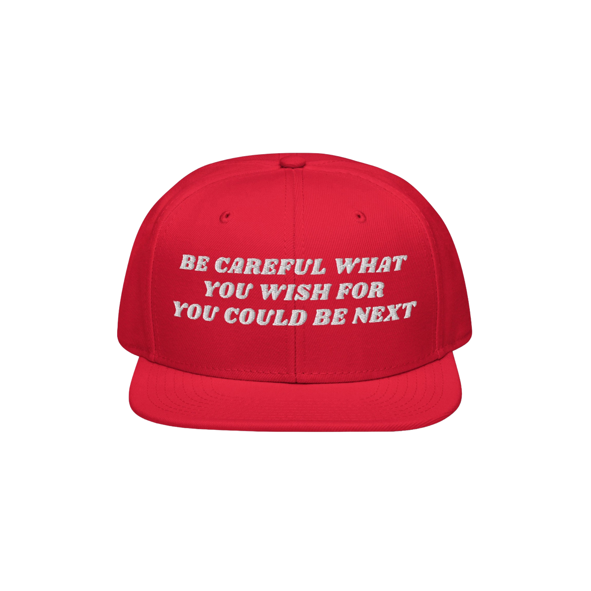 Be Careful Hat featuring bold white embroidery on a red snapback, delivering a political message for anti-fascist activism. I