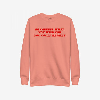 Be Careful Hoodie & Sweatshirt featuring bold red warning text on salmon crewneck, conveying modern rebellion and resistance against authoritarianism. Label inside reads 'STRΛNGE.' Perfect for making a strong statement.