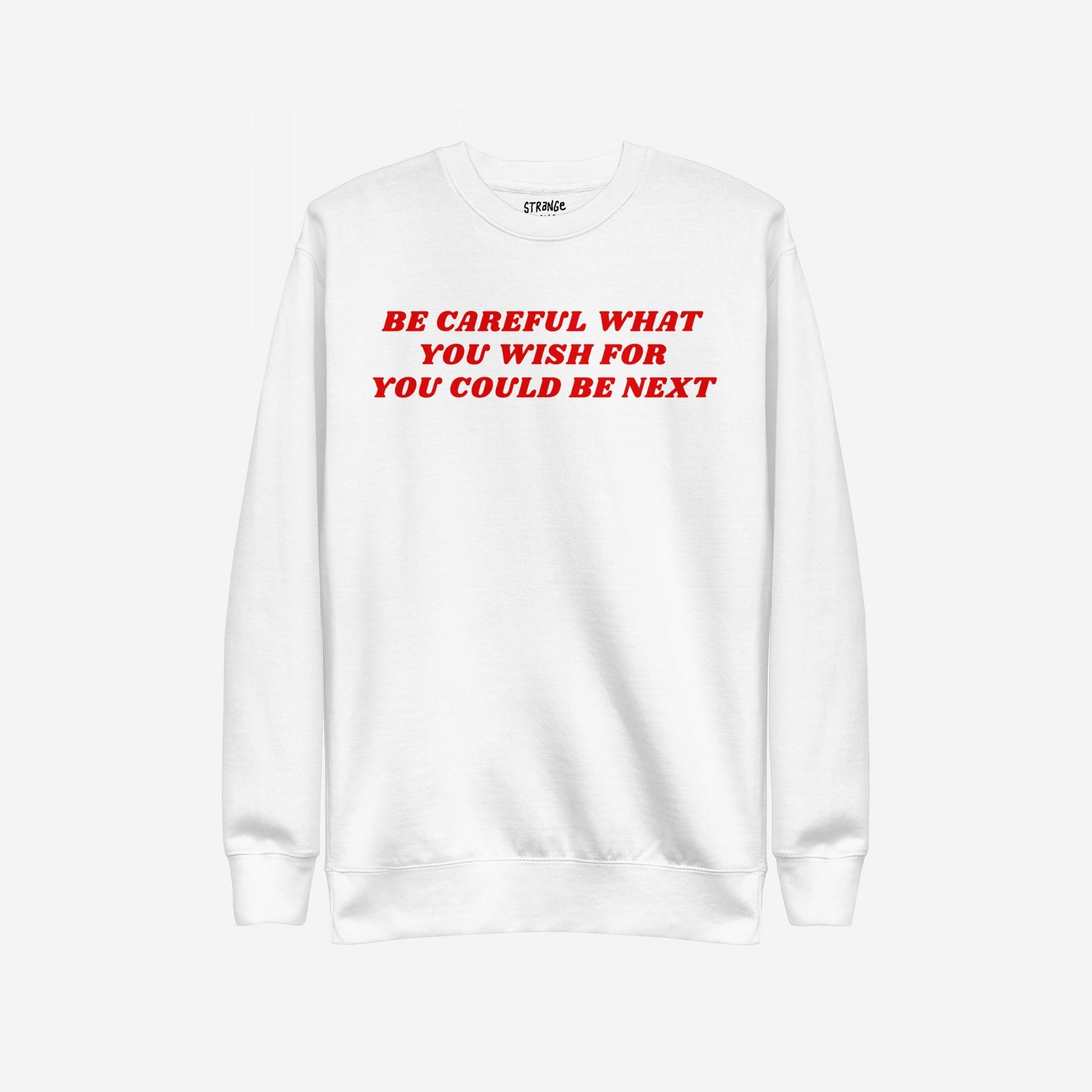 Be Careful Hoodie & Sweatshirt features bold red lettering on a white backdrop, delivering a rebellious message against authoritarianism. The design embodies modern resistance with a Y2K aesthetic.
