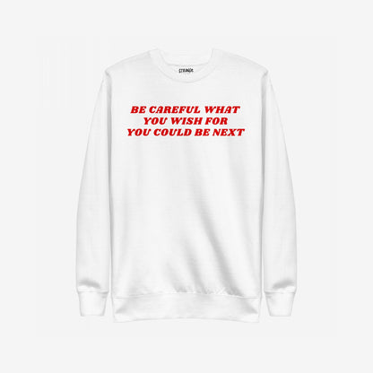 Be Careful Hoodie & Sweatshirt features bold red lettering on a white backdrop, delivering a rebellious message against authoritarianism. The design embodies modern resistance with a Y2K aesthetic.
