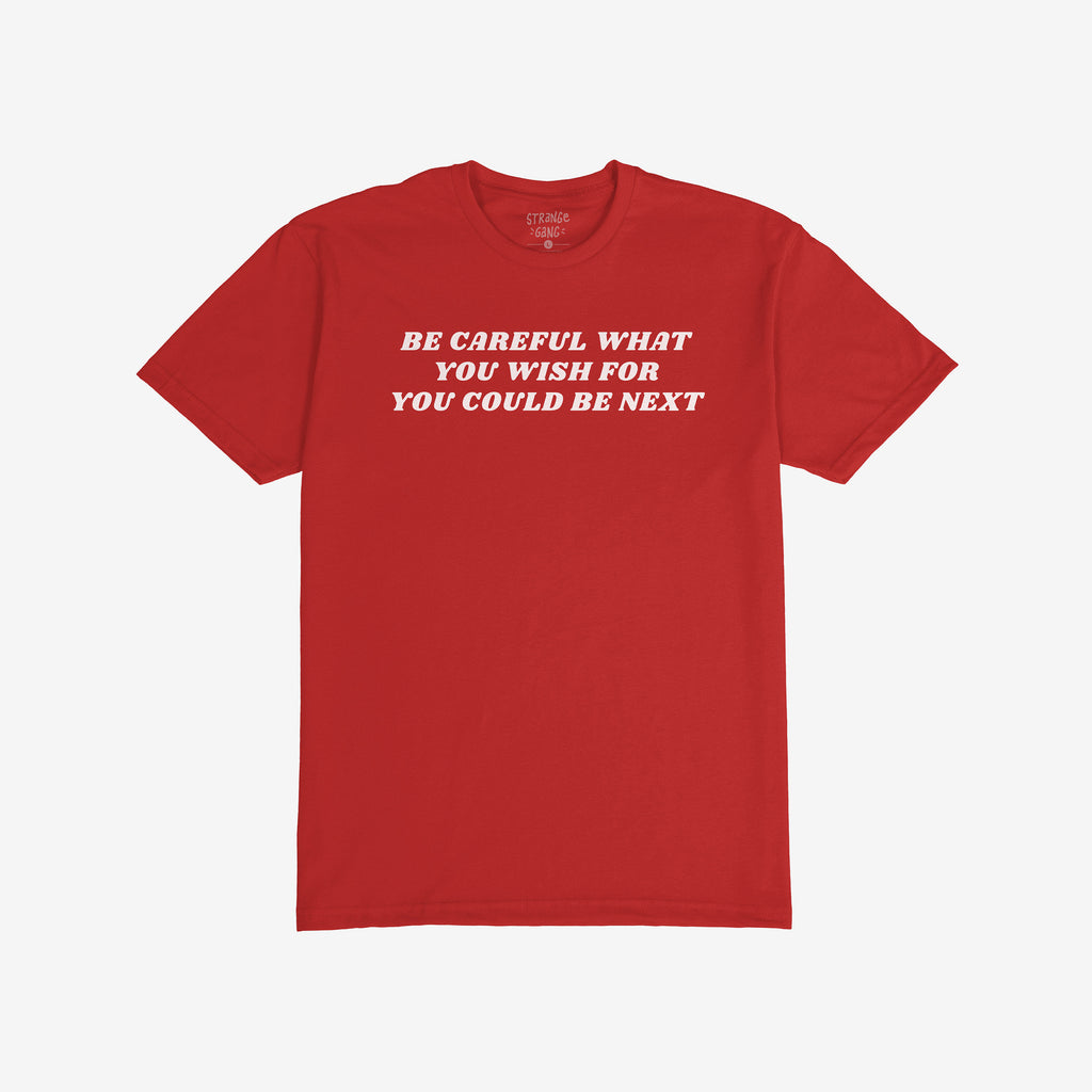 Be Careful Shirt with bold slogan against authoritarianism printed on chest, embodying a Y2K style and activist spirit. Perfect for making a statement through fashion.