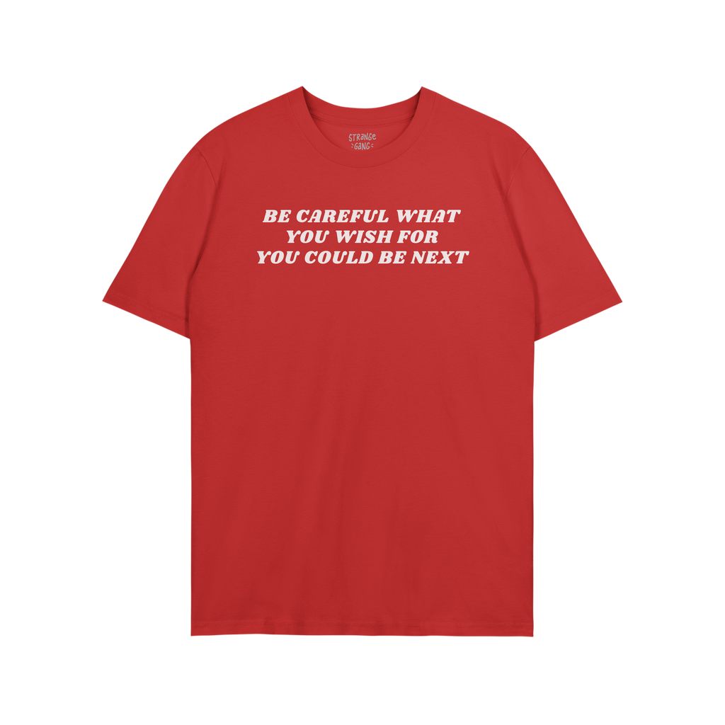 Be Careful Shirt with bold slogan against authoritarianism printed on chest, embodying a Y2K style and activist spirit. Perfe