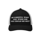 Two-tone trucker-style Be Careful Hat with bold embroidered message advocating against extremism, perfect for activists. Blac