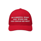 Red mesh-back trucker-style cap titled Be Careful Hat features white embroidered text promoting anti-fascist and progressive 