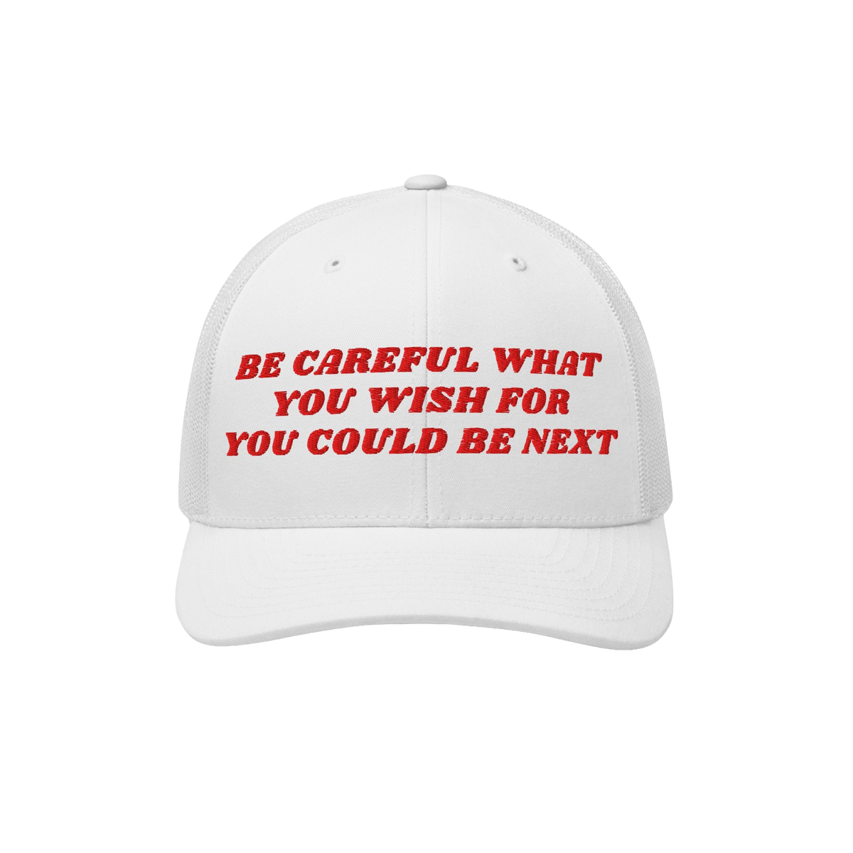 The Be Careful Hat features bold red embroidery with a cautionary message, ideal for anti-fascist supporters and activists, c
