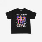 Be Yourself Women's Baby Tee featuring vibrant dancers with boombox, musical notes, and affirming text. Perfect for expressing individuality and embracing community spirit.