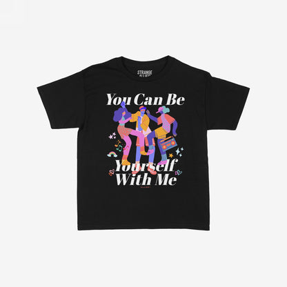 Be Yourself Women's Baby Tee featuring vibrant dancers with boombox, musical notes, and affirming text. Perfect for expressing individuality and embracing community spirit.