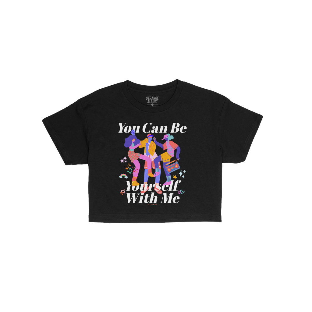 Be Yourself Women's Baby Tee featuring vibrant dancers with boombox, musical notes, and affirming text. Perfect for expressin