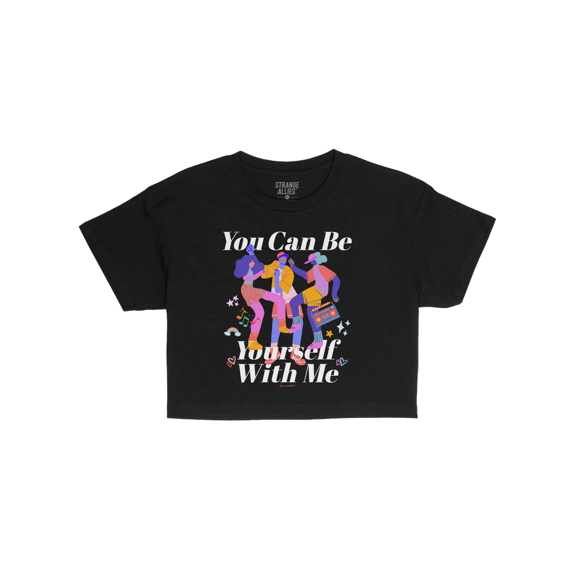 Be Yourself Women's Baby Tee featuring vibrant dancers with boombox, musical notes, and affirming text. Perfect for expressin