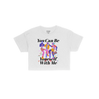 Be Yourself Women's Baby Tee featuring a colorful illustration of three dancers with affirming text and playful icons, embody