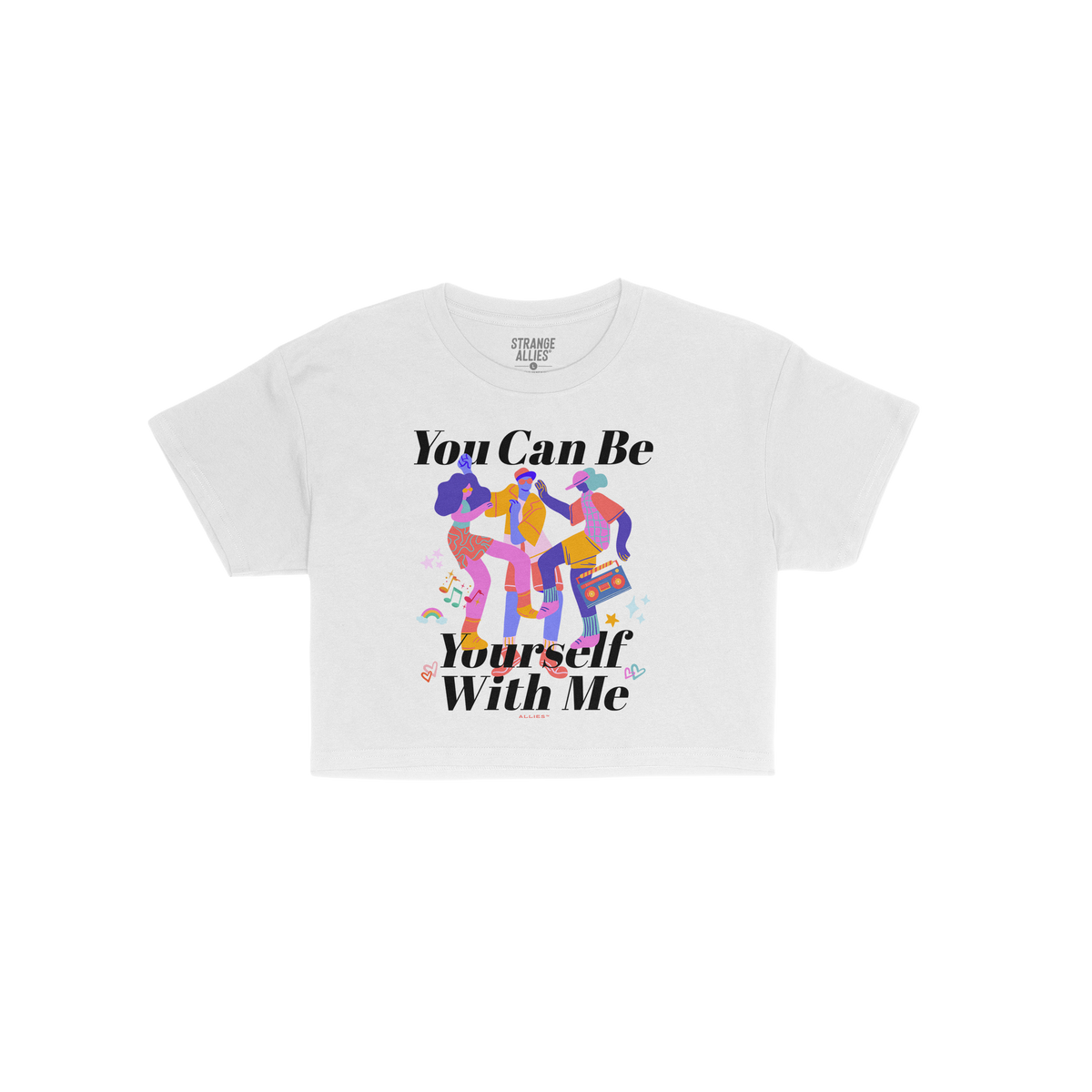 Be Yourself Women's Baby Tee featuring a colorful illustration of three dancers with affirming text and playful icons, embody