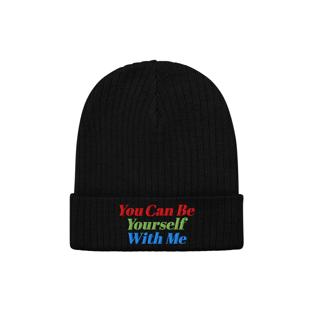 Black rib-knit Be Yourself Hat with a folded cuff, featuring You Can Be Yourself With Me embroidered in red, green, and blue,