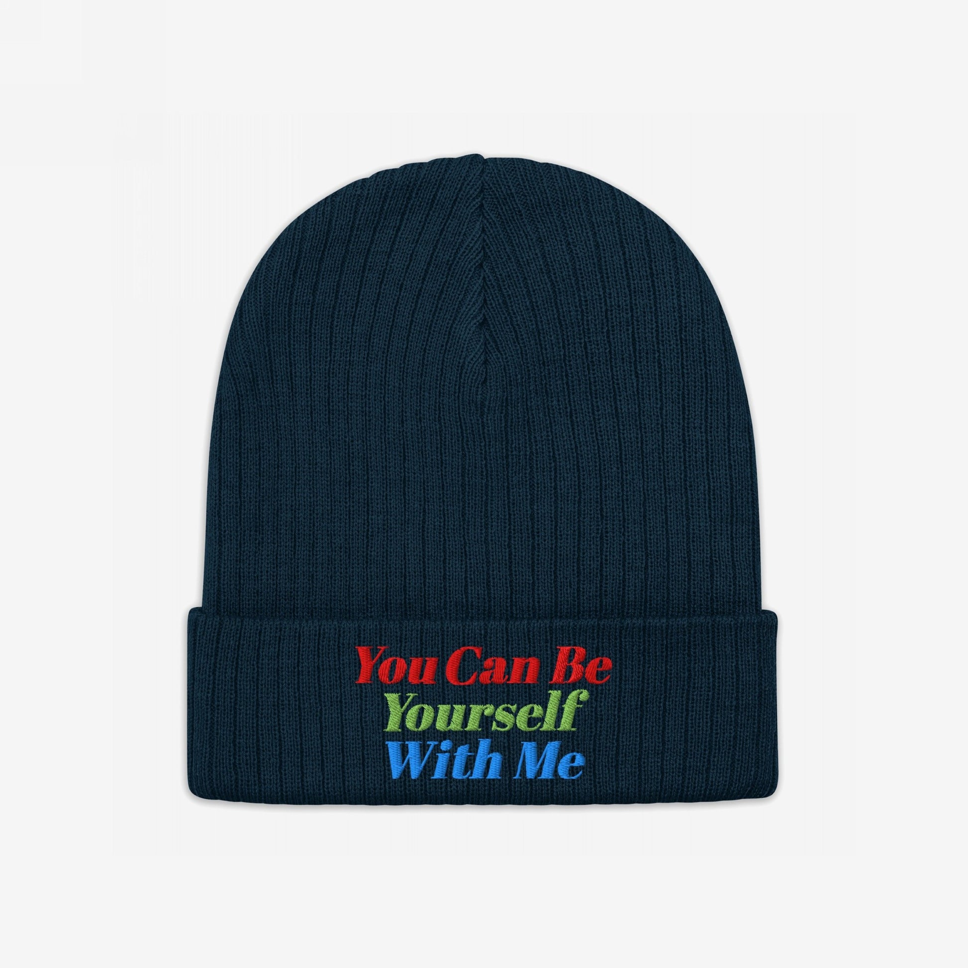 Navy blue beanie hat with multicolored "You Can Be Yourself With Me" text embroidery, featuring the Be Yourself Hat design.