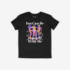 Be Yourself Shirt featuring a vibrant front graphic with dancing figures, slogan “You Can Be Yourself With Me,” and brand name “ALLIES+.” Profits support The Trevor Project.