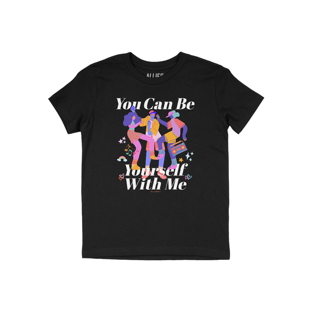 Be Yourself Shirt featuring a vibrant front graphic with dancing figures, slogan “You Can Be Yourself With Me,” and brand