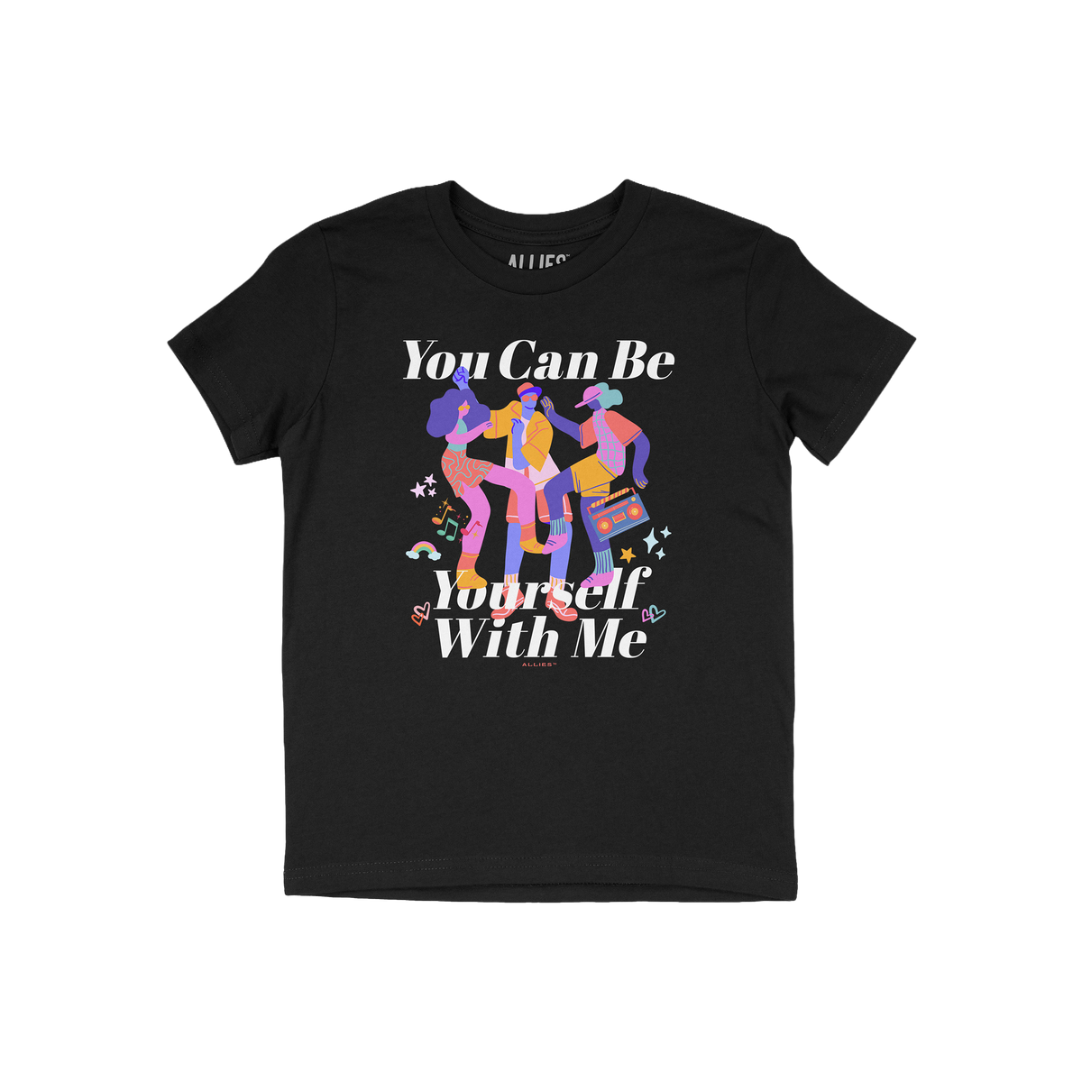 Be Yourself Shirt featuring a vibrant front graphic with dancing figures, slogan “You Can Be Yourself With Me,” and brand