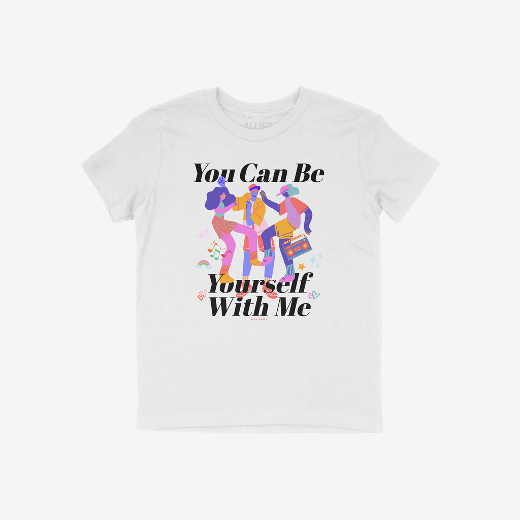 Be Yourself Shirt featuring three stylized dancing figures, one with a boombox, surrounded by musical notes and symbols, with the slogan “You Can Be Yourself With Me” above and below.