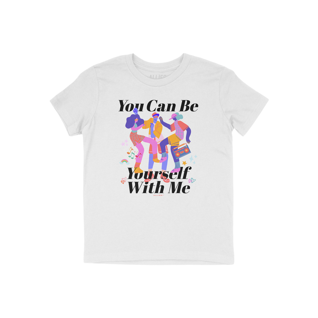 Be Yourself Shirt featuring three stylized dancing figures, one with a boombox, surrounded by musical notes and symbols, with