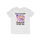 Be Yourself Shirt featuring three stylized dancing figures, one with a boombox, surrounded by musical notes and symbols, with