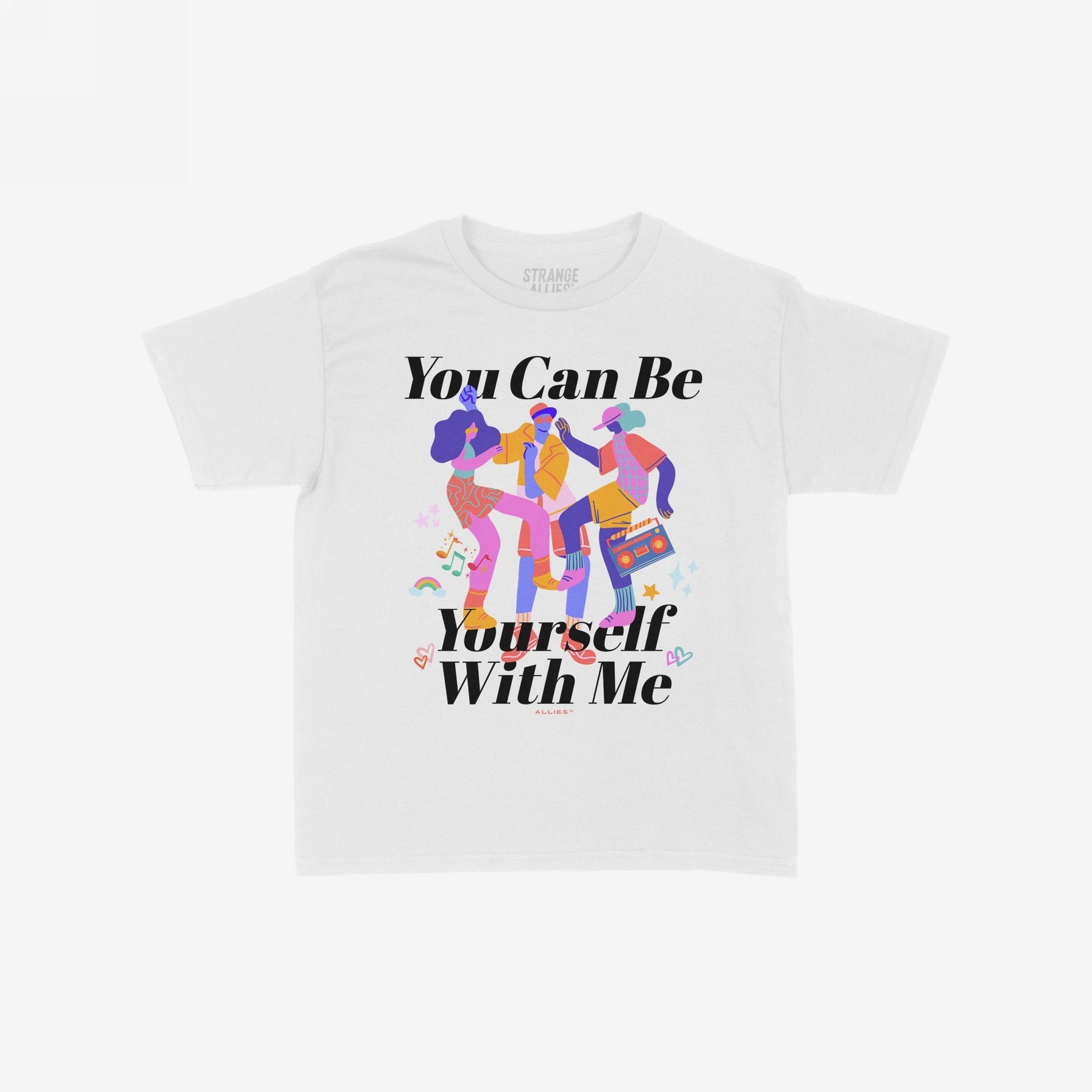 The Be Yourself T-shirt features a bold graphic with dancing figures and a boombox, surrounded by joyful symbols, promoting authenticity and inclusivity with the slogans “You Can Be” and “Yourself With Me.”
