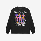 Be Yourself Shirt with vibrant graphic of three abstract figures dancing, surrounded by music notes, stars, and a boombox. It encourages individuality and includes You Can Be Yourself With Me text. Supports The Trevor Project.