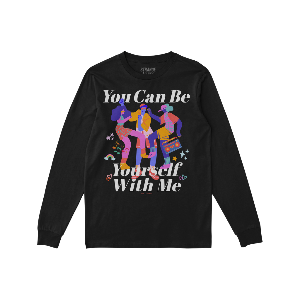 Be Yourself Shirt with vibrant graphic of three abstract figures dancing, surrounded by music notes, stars, and a boombox. It