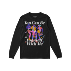 Be Yourself Shirt with vibrant graphic of three abstract figures dancing, surrounded by music notes, stars, and a boombox. It