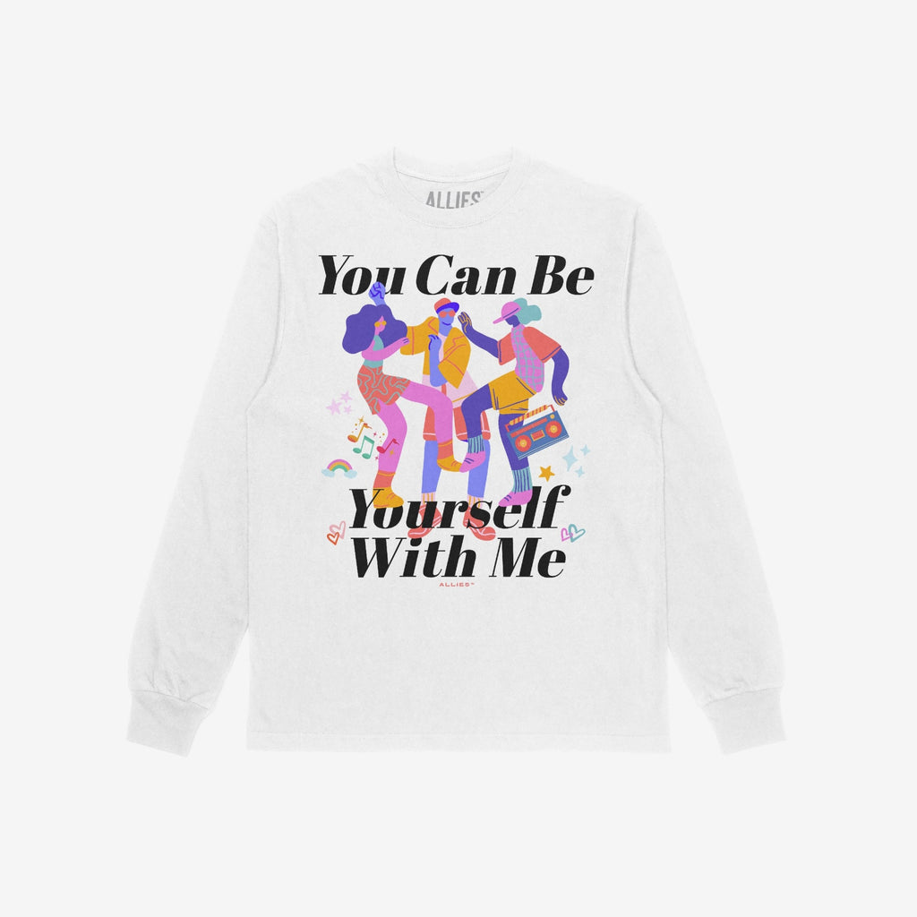 Be Yourself Shirt featuring abstract dancers, music notes, and a boombox, with the slogans You Can Be and Yourself With Me, promoting individuality and inclusivity. Proceeds support The Trevor Project.