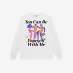 Be Yourself Shirt featuring abstract dancers, music notes, and a boombox, with the slogans You Can Be and Yourself With Me, promoting individuality and inclusivity. Proceeds support The Trevor Project.