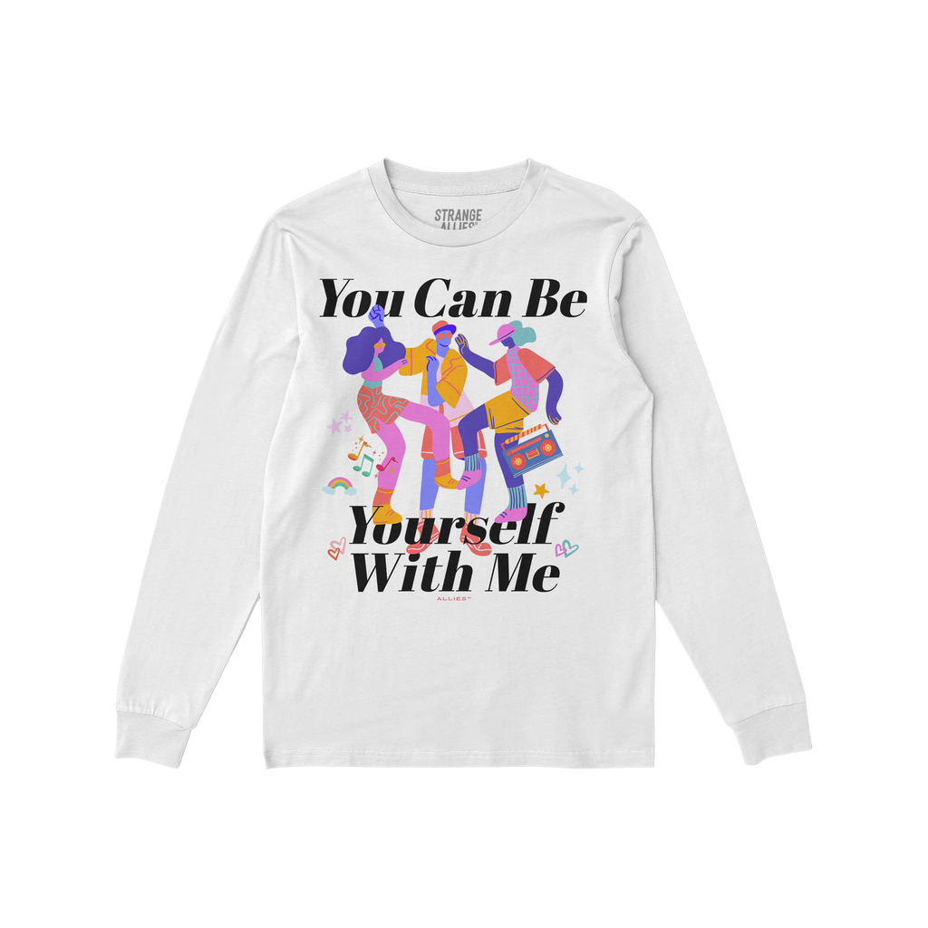 Be Yourself Shirt featuring abstract dancers, music notes, and a boombox, with the slogans You Can Be and Yourself With Me, p