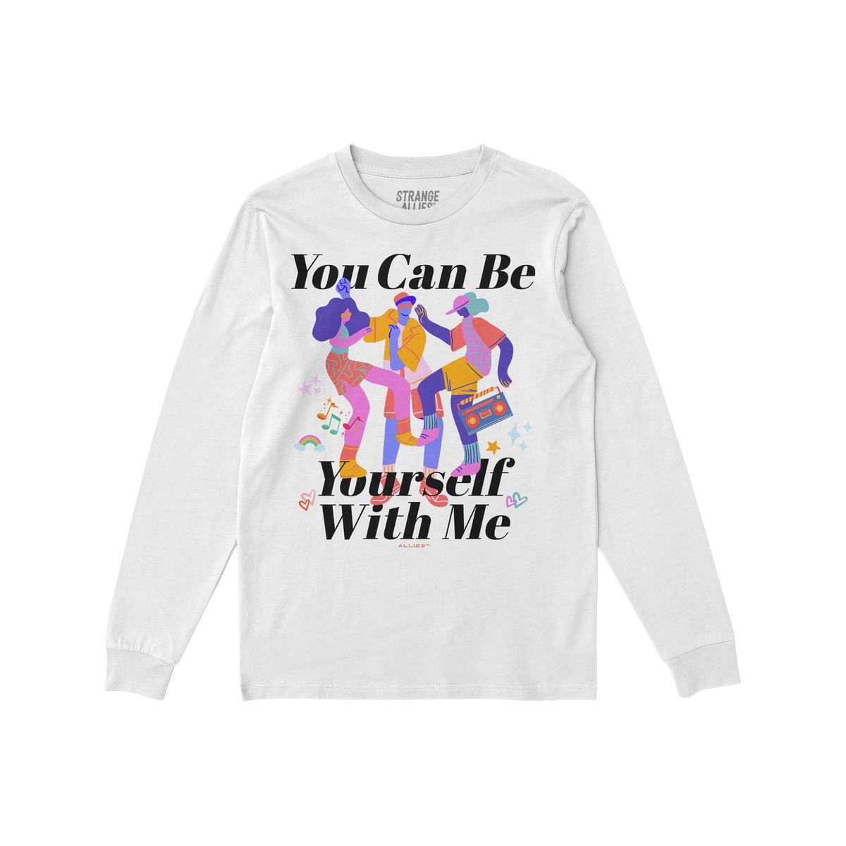 Be Yourself Shirt featuring abstract dancers, music notes, and a boombox, with the slogans You Can Be and Yourself With Me, p