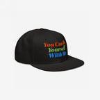 Black flat-brim snapback hat featuring the slogan You Can Be Yourself With Me embroidered in vibrant colors, encapsulating a message of individuality and inclusivity.