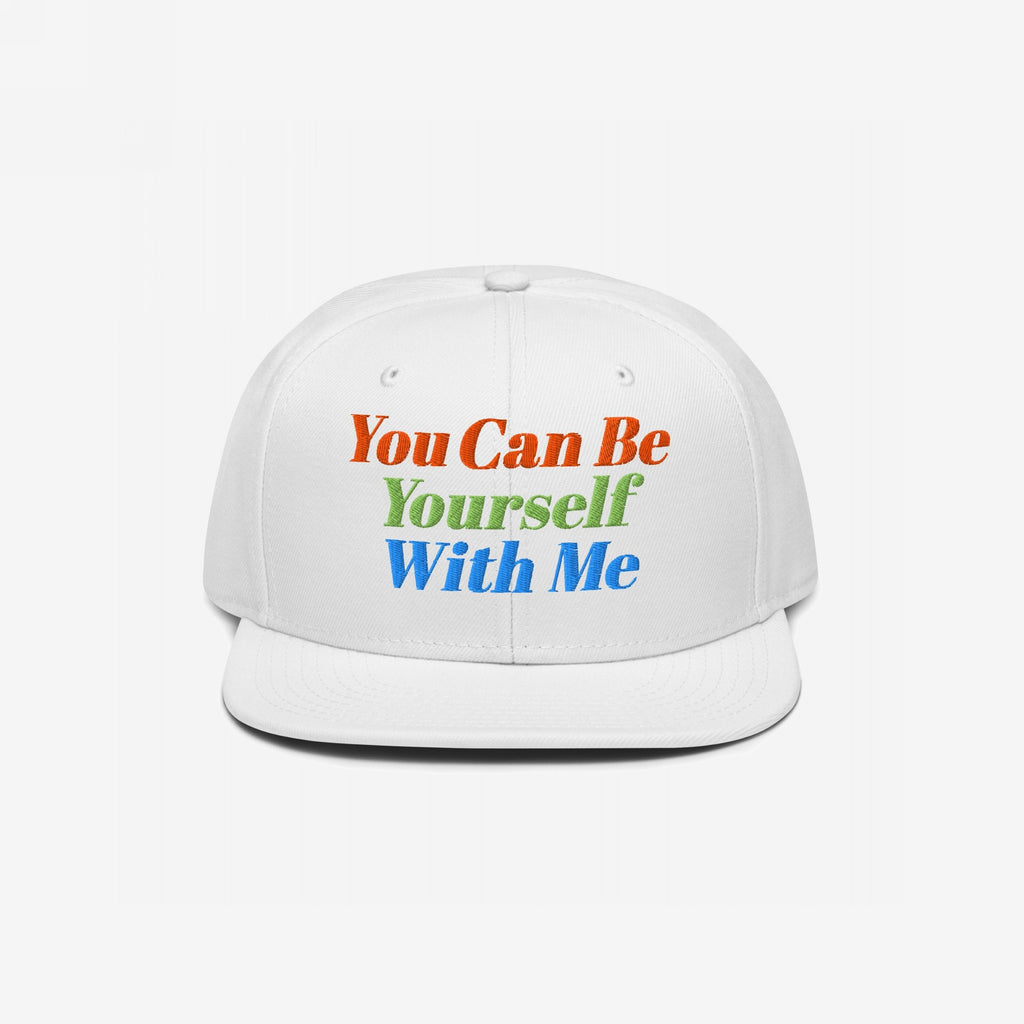 Be Yourself Hat with a flat brim and colorful embroidered slogan, embodying inclusivity and self-expression. Perfect for those who embrace individuality and support equality.