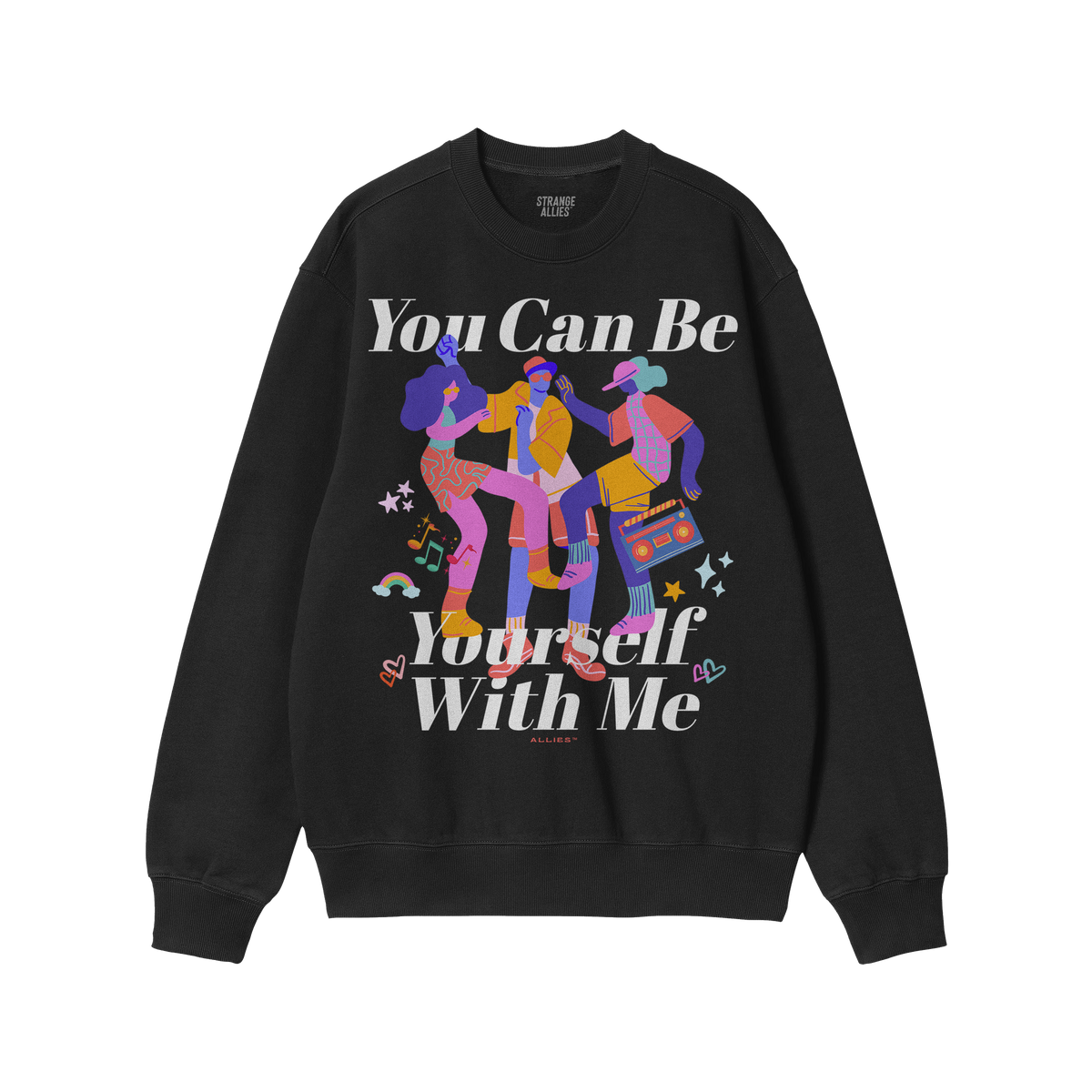 The Be Yourself Shirt features vibrant figures dancing with musical notes and symbols, and the empowering slogan “You Can B