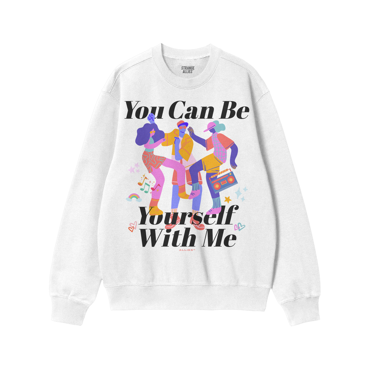 Be Yourself Shirt: A white crewneck sweatshirt featuring vibrant art of dancing figures with a boombox, music notes, and the 