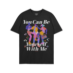 The Be Yourself Shirt features a vibrant illustration of three dancers, one with a boombox, surrounded by stars, hearts, musi