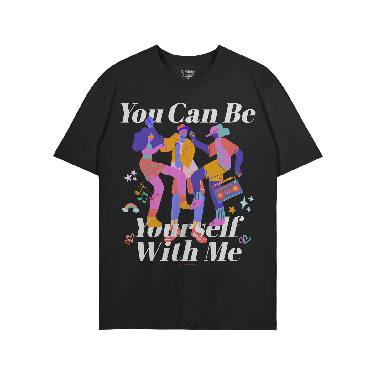The Be Yourself Shirt features a vibrant illustration of three dancers, one with a boombox, surrounded by stars, hearts, musi
