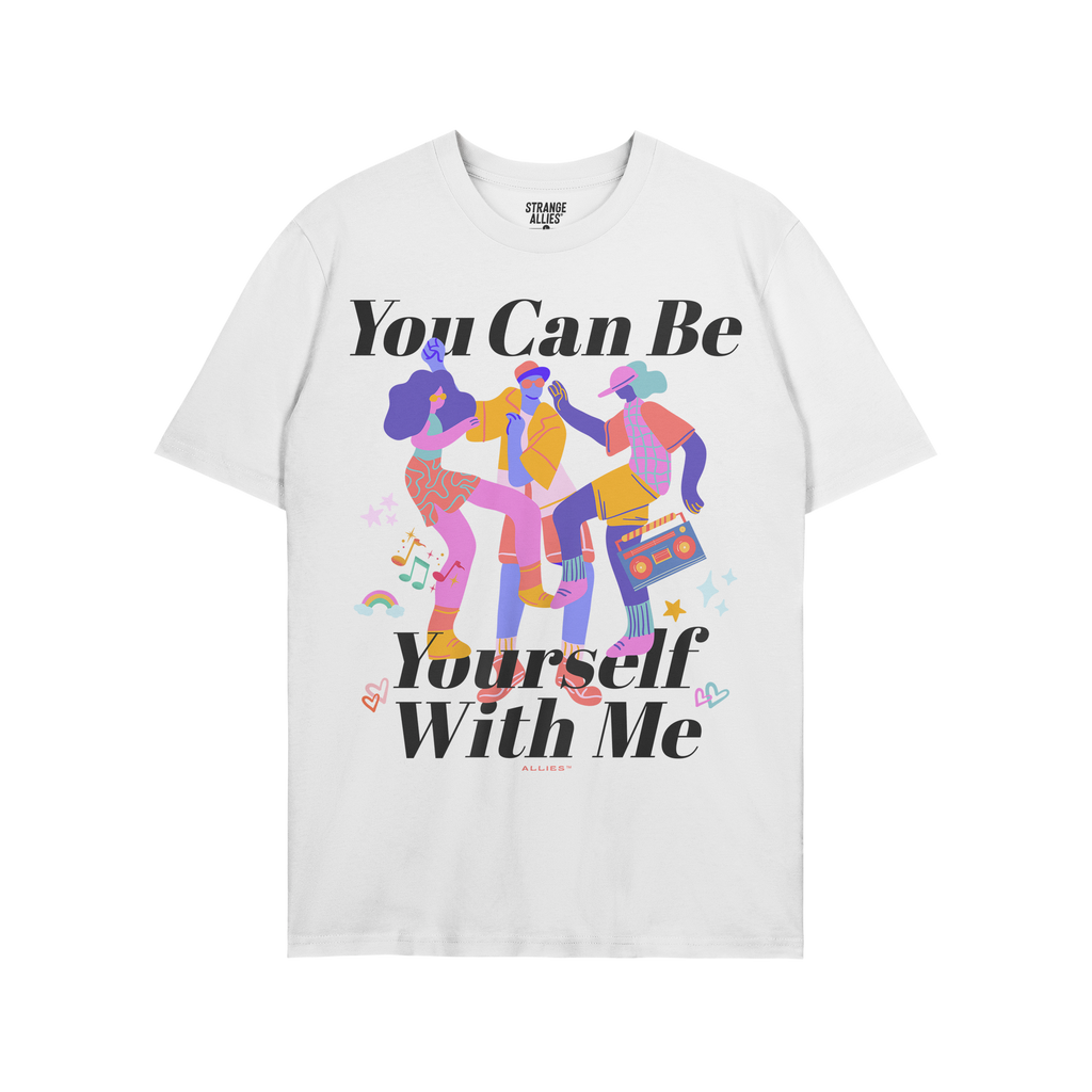 Be Yourself Shirt featuring vibrant dancing figures with music notes, hearts, stars, a rainbow, and boombox, surrounded by th