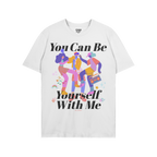 Be Yourself Shirt featuring vibrant dancing figures with music notes, hearts, stars, a rainbow, and boombox, surrounded by th