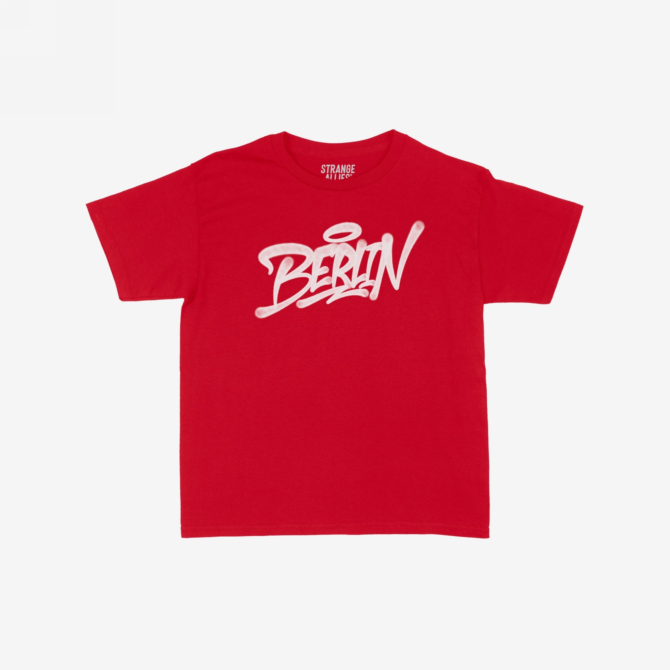 Berlin Handstyle Women's Baby Tee featuring a graffiti-style “Berlin” print in white across the chest, emblematic of street art and punk attitude, reflecting the bold, artistic ethos of Strange Allies.