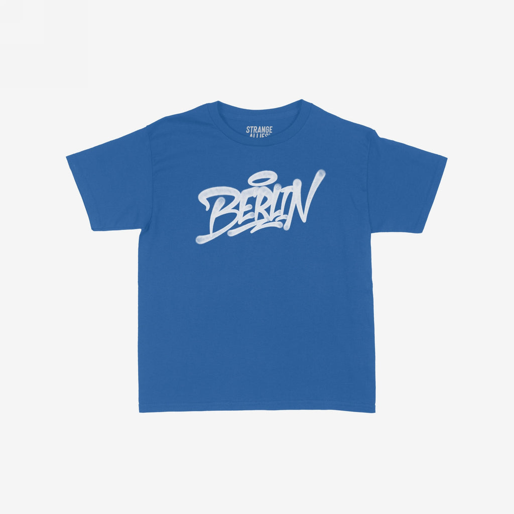 Berlin Handstyle Women's Baby Tee featuring a graffiti-style Berlin graphic on a short-sleeve blue shirt. The design exudes street art vibrancy, embodying Berlin pride and a bold, rebellious spirit.