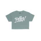 Berlin Handstyle Women's Baby Tee featuring a graffiti-style Berlin graphic on a short-sleeve blue shirt. The design exudes s