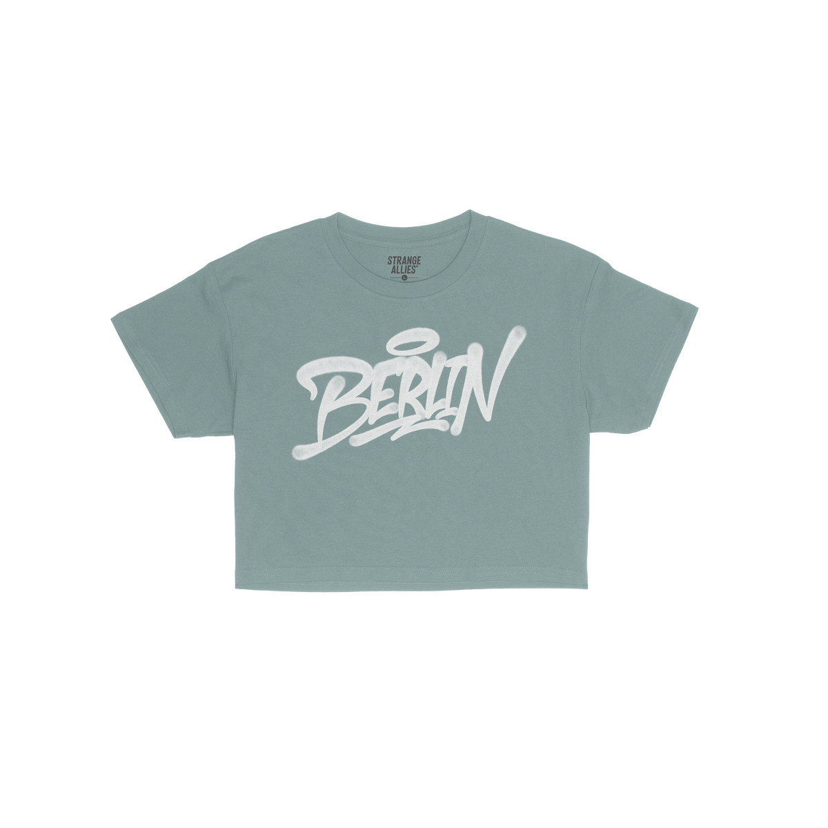Berlin Handstyle Women's Baby Tee featuring a graffiti-style Berlin graphic on a short-sleeve blue shirt. The design exudes s