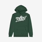 Berlin Handstyle Hoodie: A forest-green pullover with graffiti-style Berlin script, featuring a drawstring hood, kangaroo pocket, ribbed cuffs and hem, embodying urban streetwear culture and bold style.