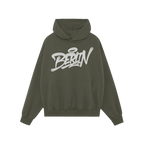 Berlin Handstyle Hoodie: A forest-green pullover with graffiti-style Berlin script, featuring a drawstring hood, kangaroo poc