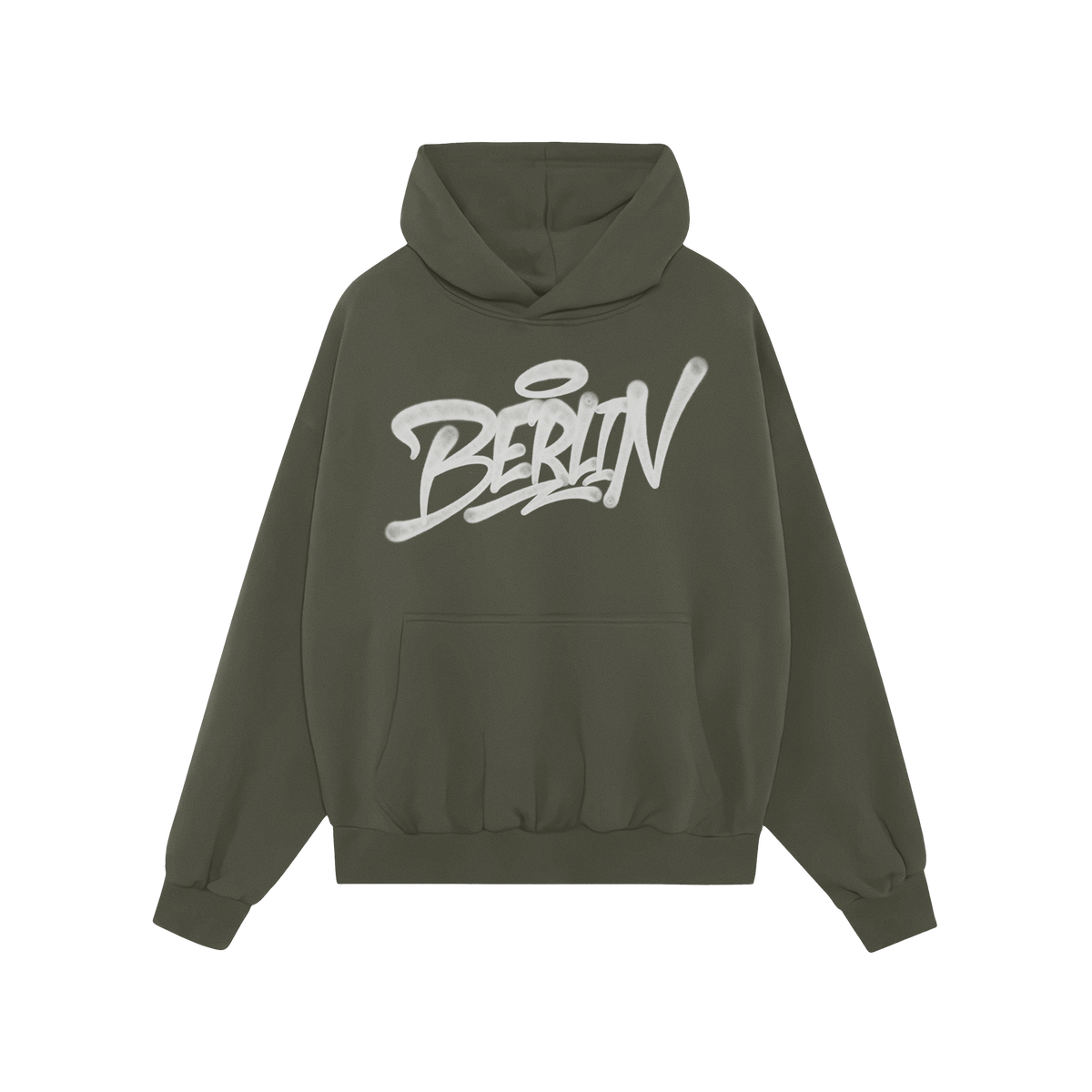 Berlin Handstyle Hoodie: A forest-green pullover with graffiti-style Berlin script, featuring a drawstring hood, kangaroo poc