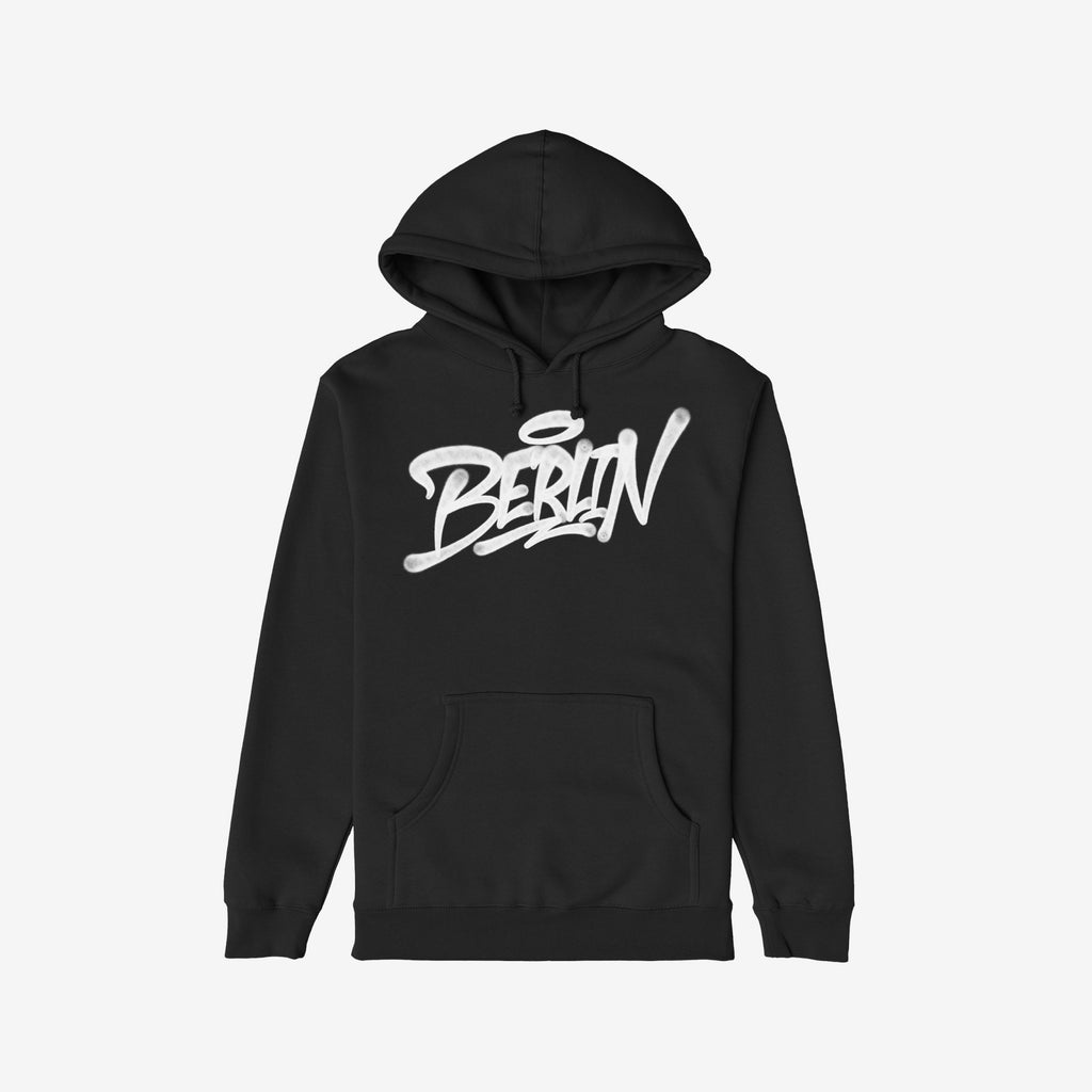 Berlin Handstyle Hoodie: Black pullover with graffiti-style Berlin text, kangaroo pocket, and drawstrings, embodying street art culture and bold urban vibes. Perfect for layering in colder weather.